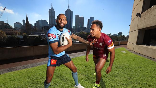 With the first State of Origin game at the MCG this year, the NRL series launch tomorrow is at the Victorian Arts Centre. Storm stars Josh Addo-Carr (Blues) and Felise Kaufusi (Maroons) ready for action. Picture: Alex Coppel.