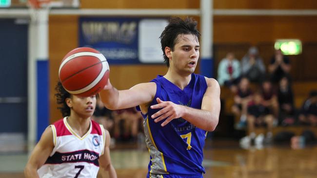 Action from the GPS basketball round 1 match between Brisbane State High and Churchie. Pictured is Churchies Oskar Olechnowicz. Picture: Tertius Pickard