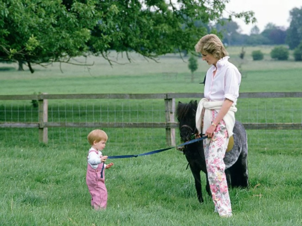 Prince Harry and Princess Diana play on the grounds of Highgrove in the 1980s. Picture: Tim Graham Photo Library via Getty