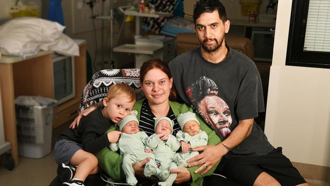 Casey and Reagan Thatcher with triplets Makaio, Mahana and Manawa, and big brother Hauiti. Picture: Shae Beplate