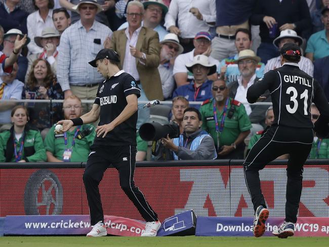 The moment Trent Boult stepped on New Zealand’s World Cup hopes. Picture: AP