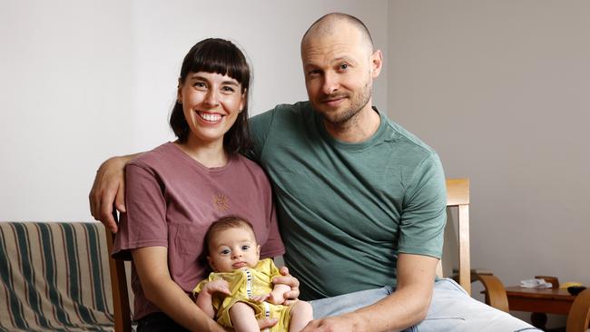 Sydney IVF patient Sophia Ang and partner Lucas Dobrolot, with their son, Hector at home in Dulwich Hill. Sophia was 35 when she underwent treatment due to unexplained infertility and her treatment resulted in the birth of baby boy Hector in December 2022. Picture: Jonathan Ng