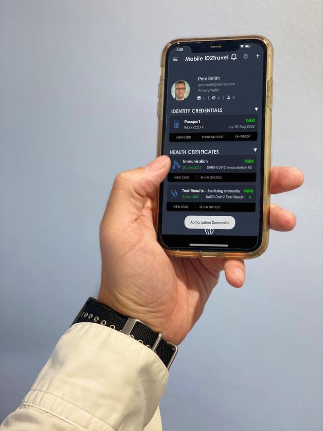 The result of a person's immunity test would be sent to a smartphone app, which could then be shown to relevant authorities. Picture: IDEMIA