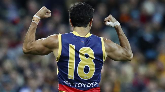 Adelaide Crows’ Eddie Betts flexes his muscles after another goal. Picture Sarah Reed