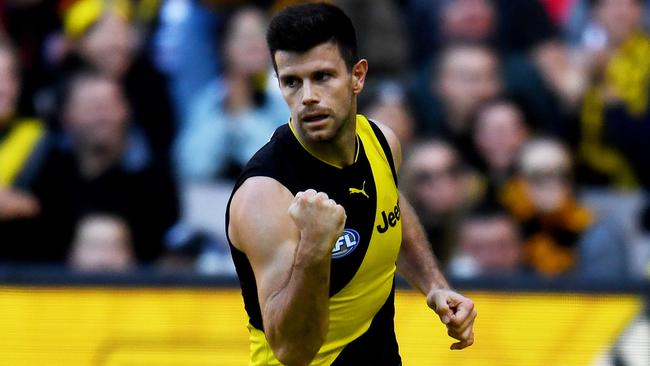 Trent Cotchin celebrates a goal for the Tigers. Picture: AAP Images