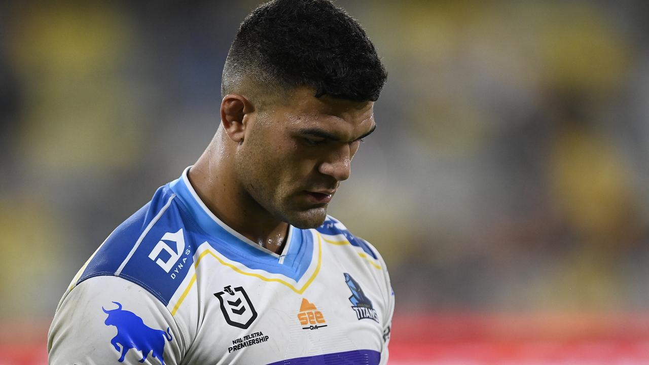 TOWNSVILLE, AUSTRALIA - APRIL 23: David Fifita of the Titans looks dejected after losing the round seven NRL match between the North Queensland Cowboys and the Gold Coast Titans at Qld Country Bank Stadium, on April 23, 2022, in Townsville, Australia. (Photo by Ian Hitchcock/Getty Images)