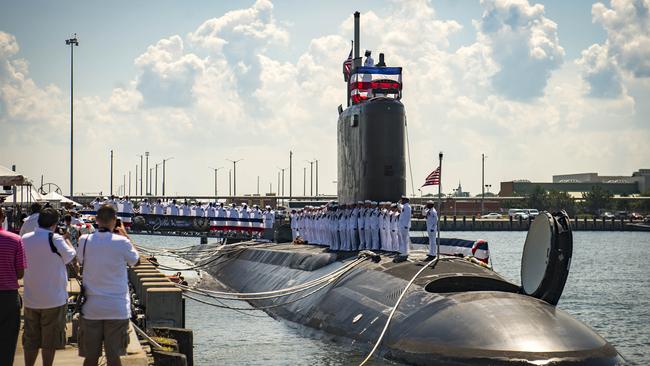 Sailors during the commissioning ceremony for the Virginia-class attack submarine USS John Warner. Picture: US Navy