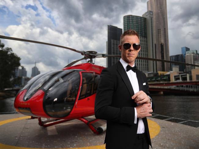 Richmond star Jack Riewoldt in a James Bond-inspired shoot for the Herald Sun Footy20 season preview magazine at Crown Towers, with Microflite Helicopters. Picture: Alex Coppel.