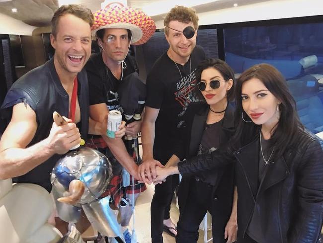 Hamish and Andy and Cacklin’ Jack on their final radio show for 2016 with the Veronicas. Picture: Supplied