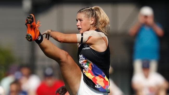 AFLW player Tayla Harris was relentlessly trolled over this image. Picture: AFL Media