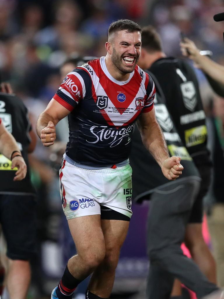 Roosters' James Tedesco celebrates victory during the 2019 NRL Grand Final between the Sydney Roosters and Canberra Raiders at ANZ Stadium on 6 October, 2019 in Sydney. Picture. Phil Hillyard