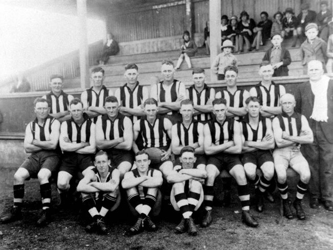 Aldinga Football Team, 1934. Premiers of the Southern Football Association. Back row (from left): Wally Pethick; Arnold Sherriff; Jack Branson; Charlie Lovelock; Bert (Walter) Button; Rex Eatts; Jack Martin; Stan Polkinghorne (trainer). Middle row (from left): Lance Lovelock; Pete (Cecil) Lovelock; Ben Stone; Reg Branson (Captain); Fred Croser; Max Eatts; Horace Leaker; Allan Humphrys. Front row (from left): Tony Burke; Jack Walsh; Keith Culley.