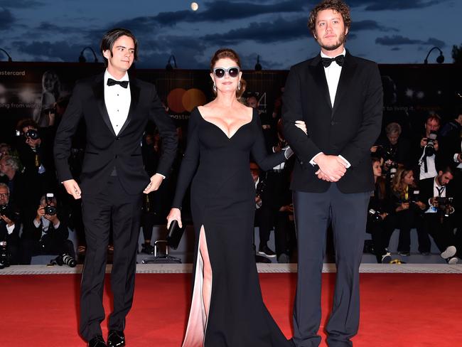 Sarandon walks the red carpet with her sons Miles and Jack Henry. Picture: Pascal Le Segretain