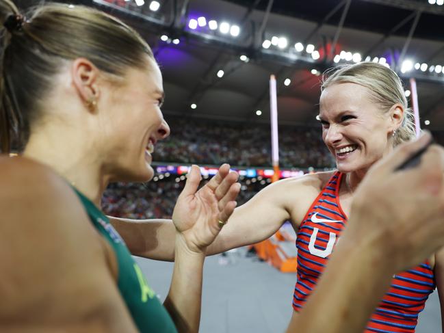 BUDAPEST, HUNGARY - AUGUST 23: Nina Kennedy of Team Australia and Katie Moon of Team United States react after competing in the Women's Pole Vault Final during day five of the World Athletics Championships Budapest 2023 at National Athletics Centre on August 23, 2023 in Budapest, Hungary. Kennedy and Moon decided to share the gold medal. (Photo by Steph Chambers/Getty Images)