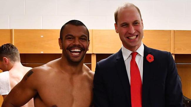 Kurtley Beale with Prince William in the sheds after the Wallabies beat Wales in Cardiff on the weekend. Beale scored the match winning try via an intercept in the dying stages. Source: Instagram @kurtley_beale