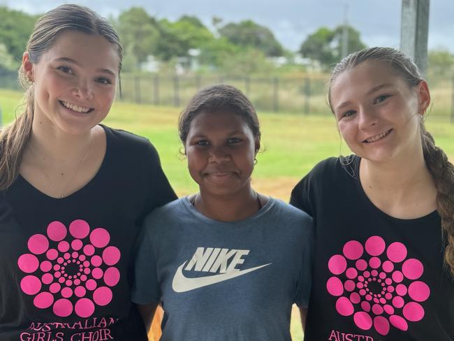 Australian Girls Choir member Brooklyn Cate, Lockhart River State School Student Quintezzah Dorman and Australian Girls Choir member Jacinta Ellis took part in a Reverse Travel cultural exchange program facilitated by not-for-profit organization Girls From Oz. Photo: Kylie Lee-Archer.