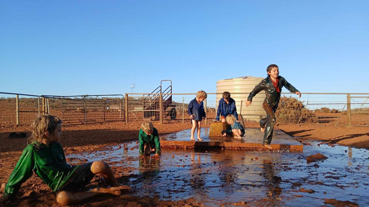 Soren, Tucker (5), Rhett (3) Clay (11), Maya , (1) and Denton (10), try to keep cool at Mt Ive Station, South Australia. Picture: Mt Ives Station