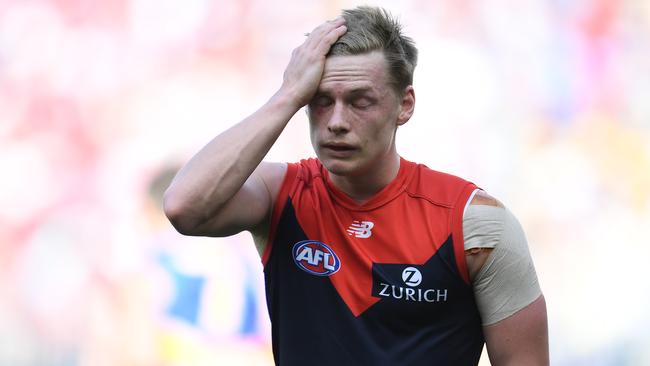 Charlie Spargo of the Demons reacts after missing a shot on goal. (AAP Image/Julian Smith)