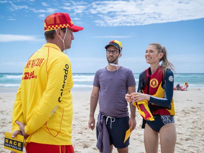 Amazing Race Australia contestants Chris Peever DiLoreto and Aleisha Rose at Kirra Beach