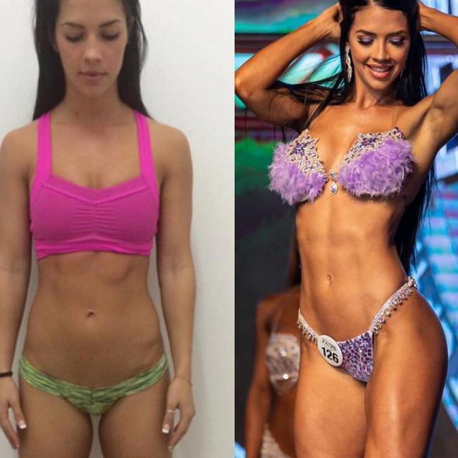 Rachel in 2015 compared to 2019 where she competed in her most recent WBFF Bikini World Championship, placing second. Picture: Instagram/RachelDillon