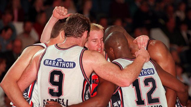 Geelong Supercats players after a win against the Gold Coast Rollers in September, 1996. Picture: File