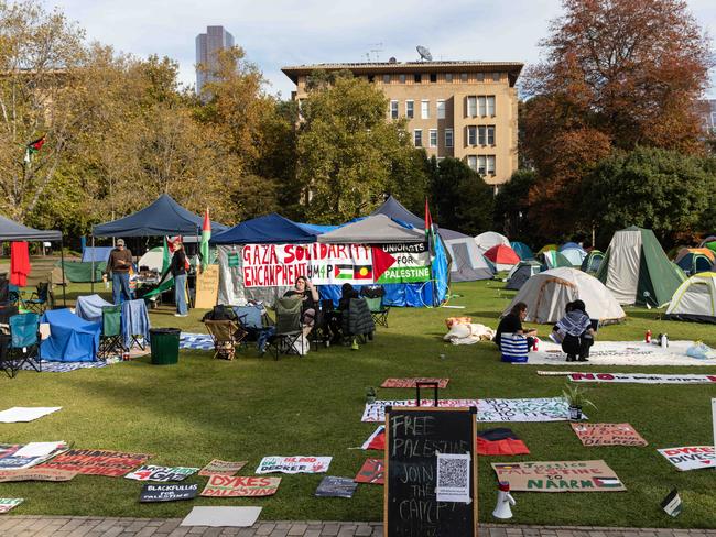 Pro-Palestine supporters continue their encampment this week. Picture: Diego Fedele