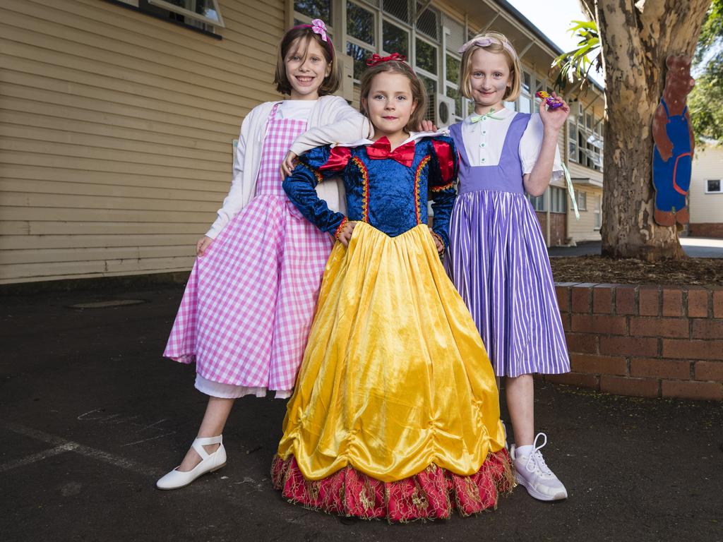 In character for Book Week are (from left) Jasmine Bayliss, Piper Davies and Isla Dwyer at Rangeville State School, Friday, August 25, 2023. Picture: Kevin Farmer