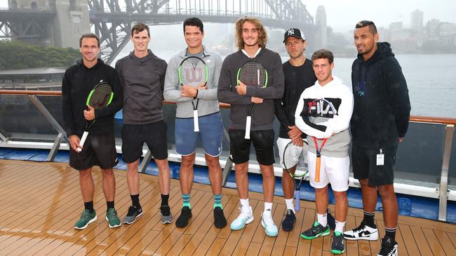 Nick Kyrgios, right, and other players at the launch of the teams event yesterday