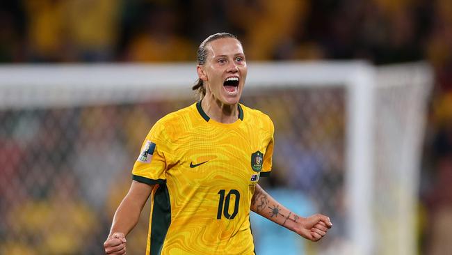 Emily van Egmond celebrates after scoring for the Matildas at last year’s FIFA Women's World Cup. Picture: Elsa - FIFA/FIFA via Getty Images