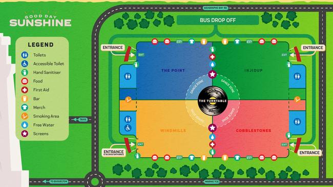 Site map for Good Day Sunshine, a music festival to be held in Busselton, Western Australia on October 31 2020. Picture: supplied