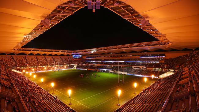 A light display during an Eels’ open training session at Bankwest Stadium last night. Picture: Brendon Thorne