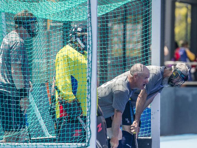 Action in the Pan Pacific Masters Games Hockey tournament. Picture: Glenn Campbell