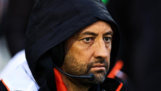 TAMWORTH, AUSTRALIA - MAY 11: Benji Marshall head coach of the Tigers looks on during the round 10 NRL match between Wests Tigers and Newcastle Knights at Scully Park, on May 11, 2024, in Tamworth, Australia. (Photo by Mark Evans/Getty Images)