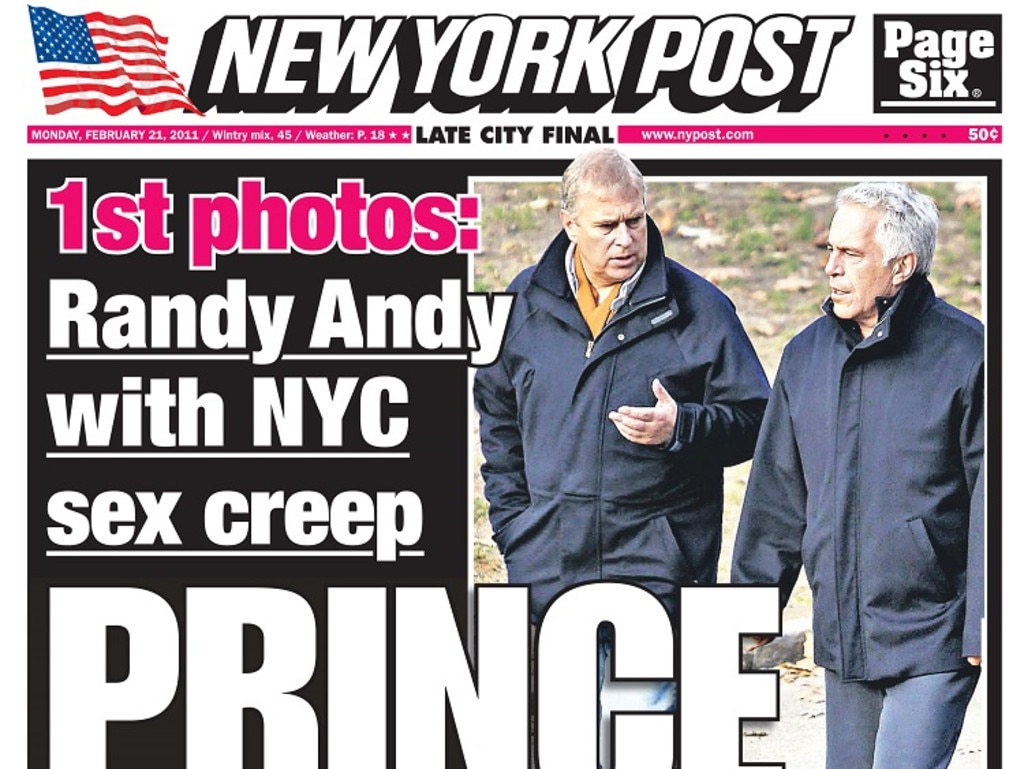 Pictures of Prince Andrew with the late Epstein made front page news in 2011. Picture: New York Post.