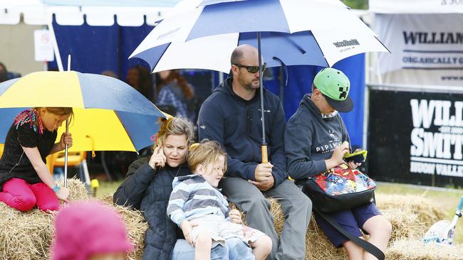 Cygnet Folk Festival revellers try to escape a shower. Picture: MATT THOMPSON