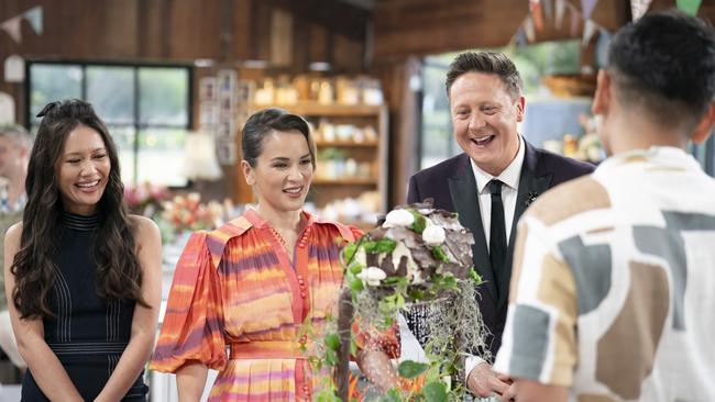 Host Natalie Tran and judges Rachel Khoo and Darren Purchese rate Arvin’s final bake. Picture: Stuart Bryce