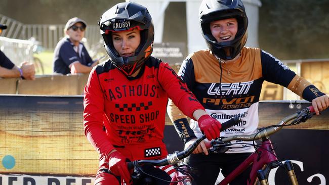 Caroline Buchanan and Jenna Hastings after competing in the Speed & Style competition on Day Two of the Crankworx Cairns mountain bike festival, held at the Smithfield Mountain Bike Park. Picture: Brendan Radke