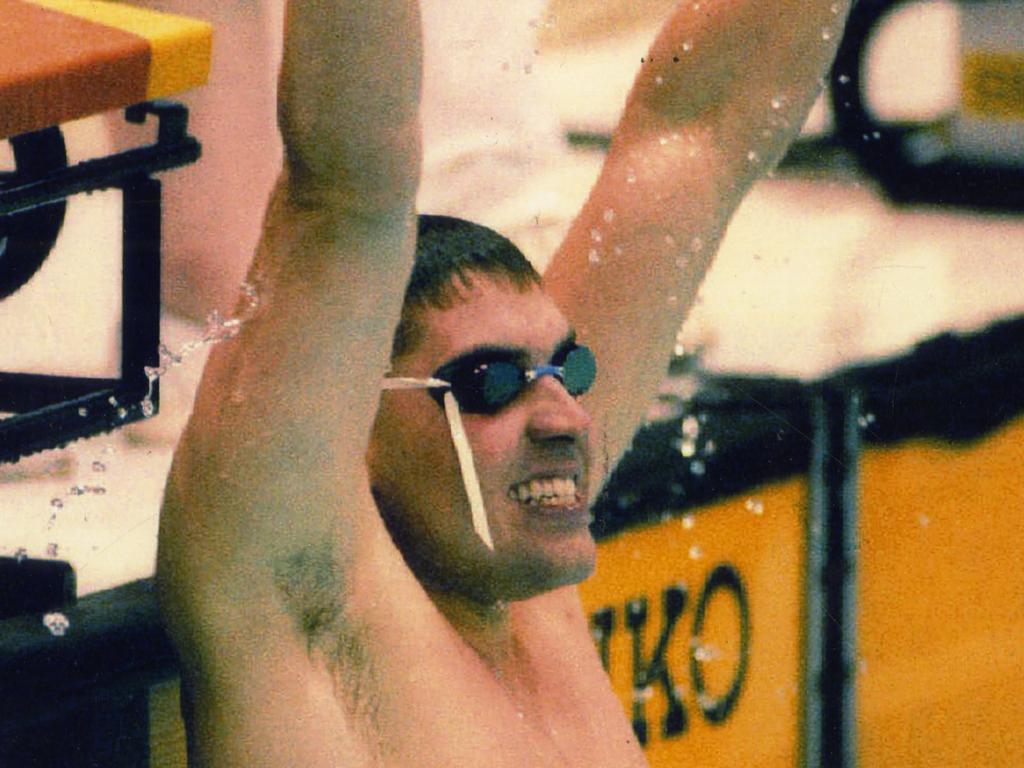 Matthew Dunn celebrating a gold medal in the 400m individual medley at the 1994 Commonwealth Games.