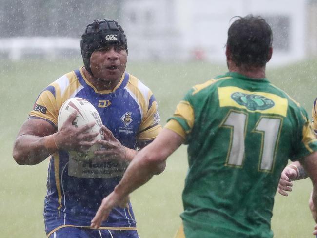 Kangaroos' Alphonse Gima sizes up the Gladiators defence in the Cairns and District Rugby League (CDRL) match between the Kangaroos and the Mareeba Gladiators, held at Vico Oval, Mooroobool. Picture: Brendan Radke