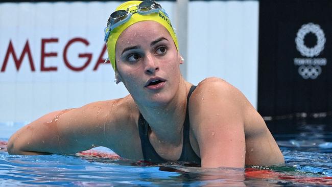 Australia's Kaylee McKeown reacts after winning a heat in the women's 200m backstroke swimming event during the Tokyo 2020 Olympic Games at the Tokyo Aquatics Centre in Tokyo on July 29, 2021. (Photo by Oli SCARFF / AFP)