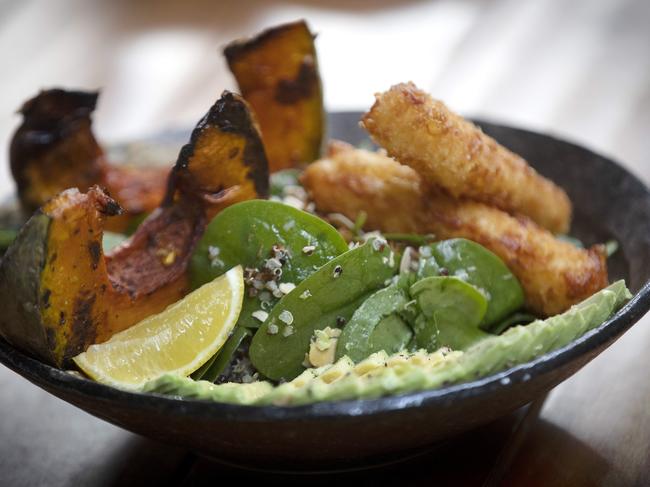 Giddy Up’s Breaky Bowl which features kale and quinoa salad topped with maple-roasted pumpkin and crispy roasted halloumi. Picture Chris Kidd