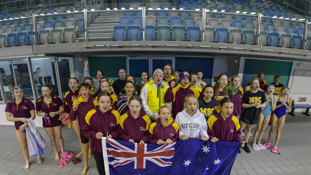 Fans gather and cheer on Kyle Chalmers at the SA Aquatic and Leisure Centre. Picture: Roy VanDerVegt