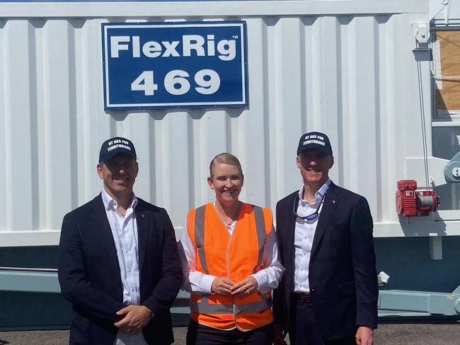 Tamboran Joel Riddle, Mining Minister Nicole Manison and Helmerich & Payne representative John Bell are excited for the Beetaloo project to begin.