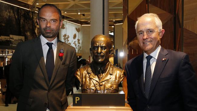 French Prime Minister Edouard Philippe and Malcolm Turnbull pose near the bust of John Monash as they attend the inauguration ceremony of the Sir John Monash Centre in Villiers-Bretonneux. Picture: AP.