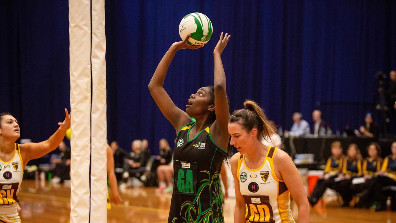 Cavaliers goal attack Esther Kidmas got on a roll early in the opens grand final clash against the Northern Hawks at Launceston's Silverdome. Picture: PATRICK GEE/SUPPLIED