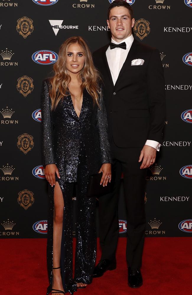 Jack Crisp and wife Mikayla were anything but basic in black. Picture: Daniel Pockett/AFL Photos