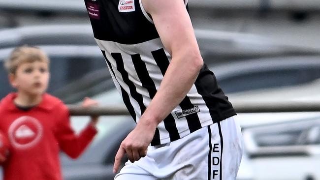 Moonee ValleyÃs Bevan Newell celebrates one of his two goals during the EDFL football match between Sunbury Kangaroos and Moonee Valley in Sunbury, Saturday, July 23, 2022. Picture: Andy Brownbill