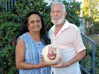 FILM STAR: Susie and Ray Matthews with Tom Hanks silent co-star in Cast Away, Wilson. Picture: Trish Bowman