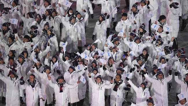 North Korean and South Korean athletes arrive during the opening ceremony of the 2018 Winter Olympics in PyeongChang, South Korea. Picture: Franck Fife/Pool Photo via AP.
