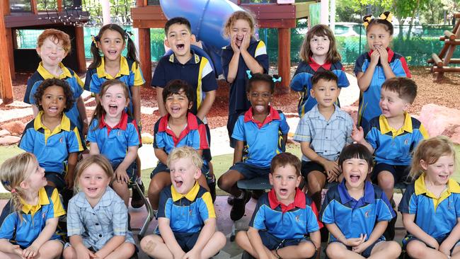 My First Year: St Kevin’s Catholic School Prep K. Front row: Alice, Peyton, Kolohe, Nate, Charlotte, Juliet. Middle row: Daniel, Maisie, Finley, Ayanna, Tommy, Levi. Back row: George, Ellae, Salvatore, Hugo, Mia, Ayla-Rose. Picture: Glenn Hampson.